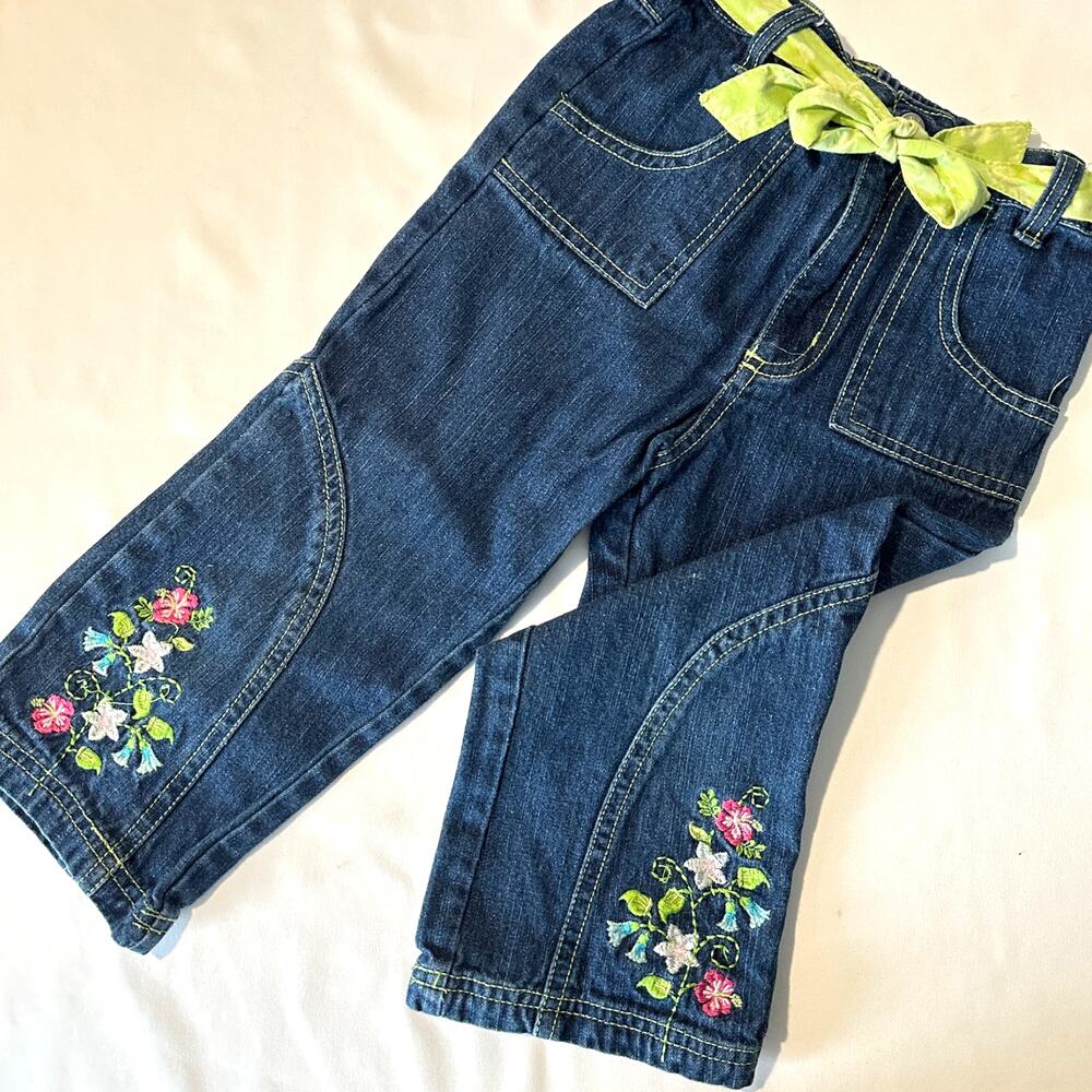 Vintage B.T. Kids Flower Embroidered Denim Jeans w/ Green Fabric Belt Sz 5T